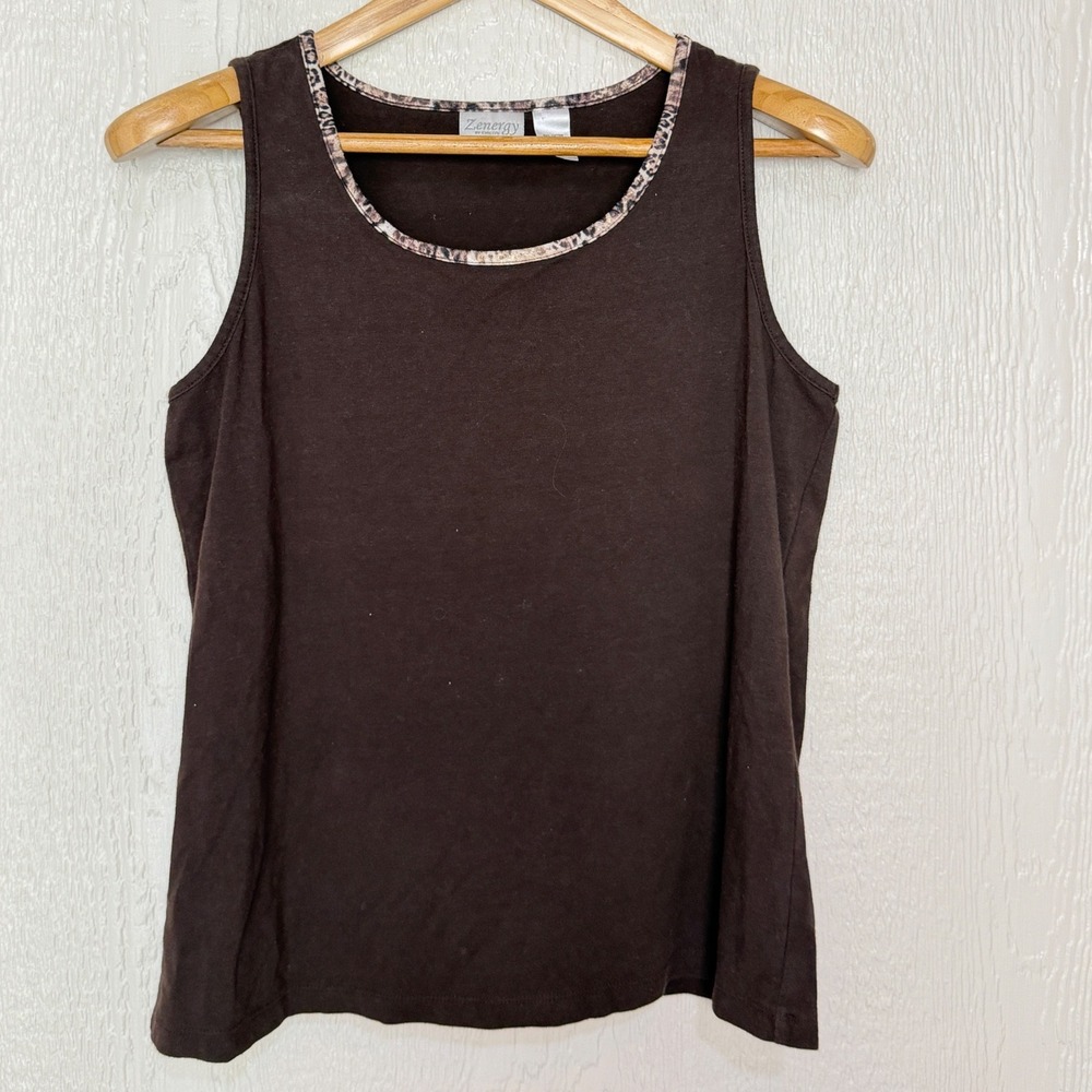 Zenergy by Chico's Brown Tank Top Leopard Print Trim Scoop Neck Size 1